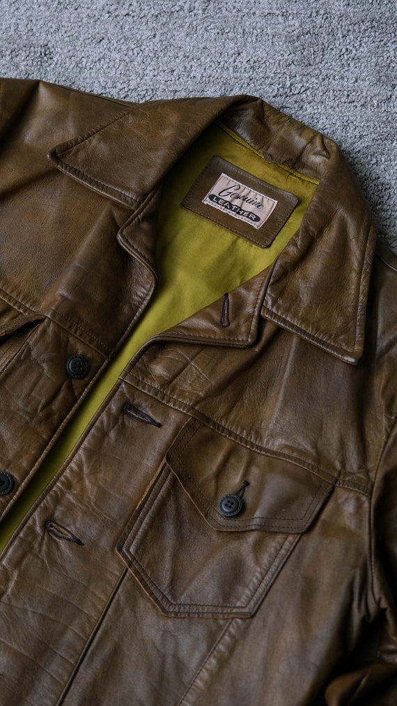 Vintage 70s Chocolate Brown Leather 2 Pocket Trucker Jacket