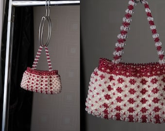 Vintage 90s Dark Raspberry & Clear Fully Beaded Floral Star Design Mini Handbag w/ Satin Lining | 1990s Y2K Micro Mini Beaded Purse