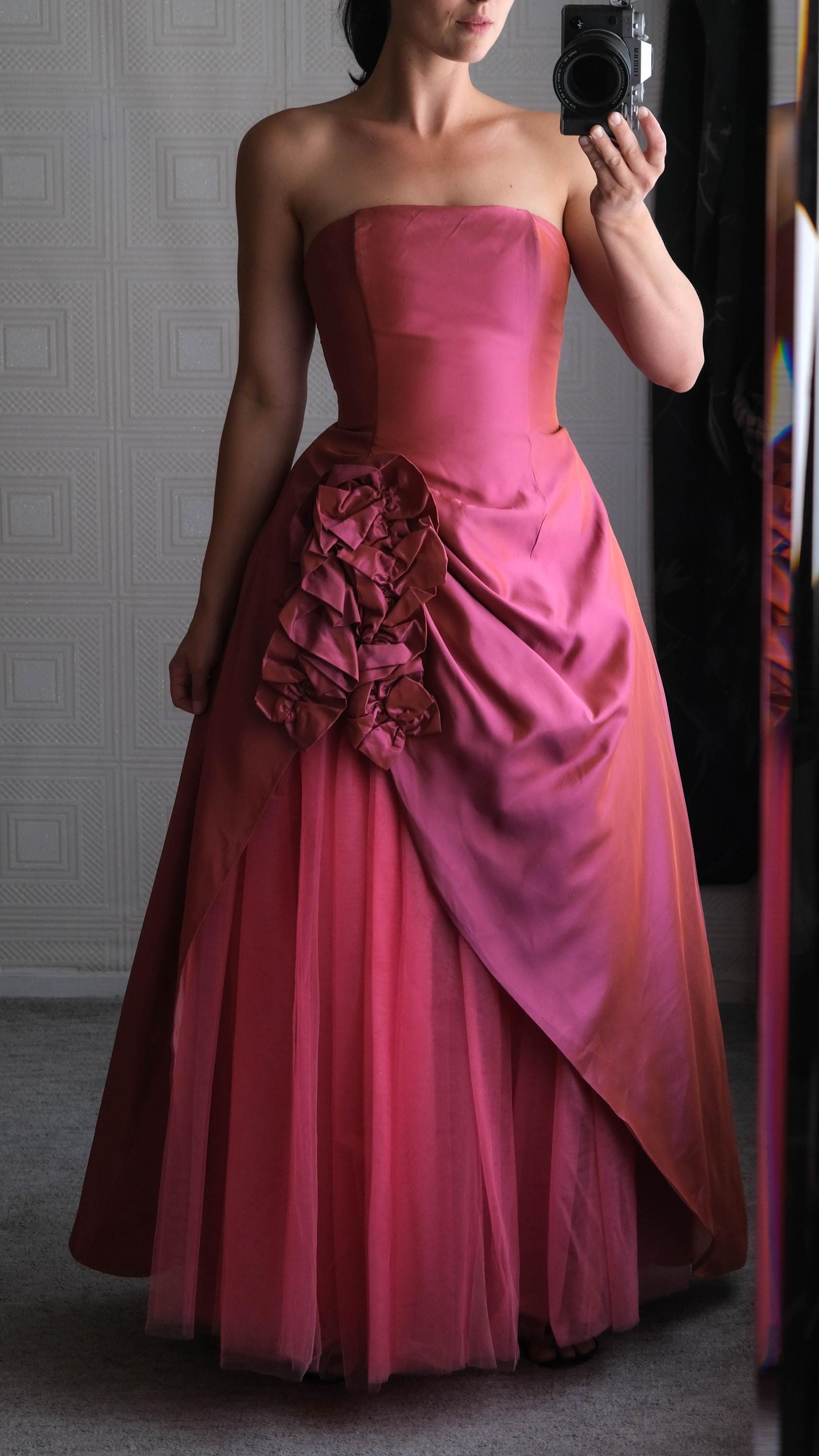 Vintage Jessica Mcclintock 90s Does 50s Iridescent Pink Strapless Gown w/ Tulle Draped Skirt | Made in USA | 1990s 50s Designer Prom Formal