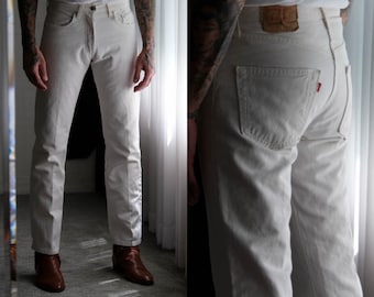 Vintage 90s LEVIS 501 Starch White Button Fly Distressed Jeans | Size 31x34 | Made in Guatemala | 1990s LEVIS Designer Unisex Denim Pants