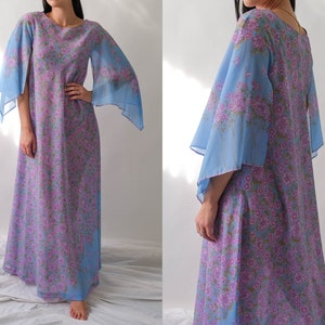 Vintage 70s Saks Fifth Ave. Sky Blue Lilac Floral Print Maxi Dress w/ Hand Rolled Fairy Sleeves Made in Italy 1970s Designer Boho Dress image 1
