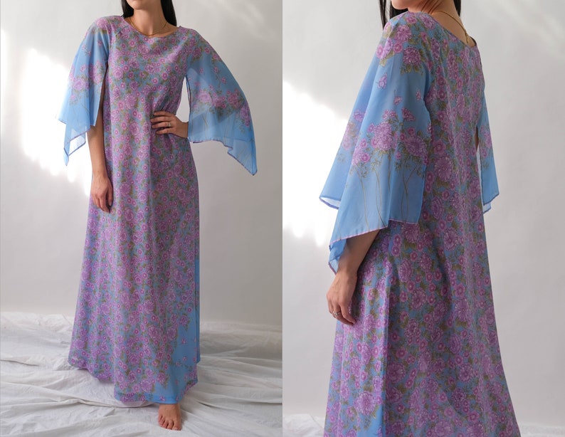Vintage 70s Saks Fifth Ave. Sky Blue Lilac Floral Print Maxi Dress w/ Hand Rolled Fairy Sleeves Made in Italy 1970s Designer Boho Dress image 1