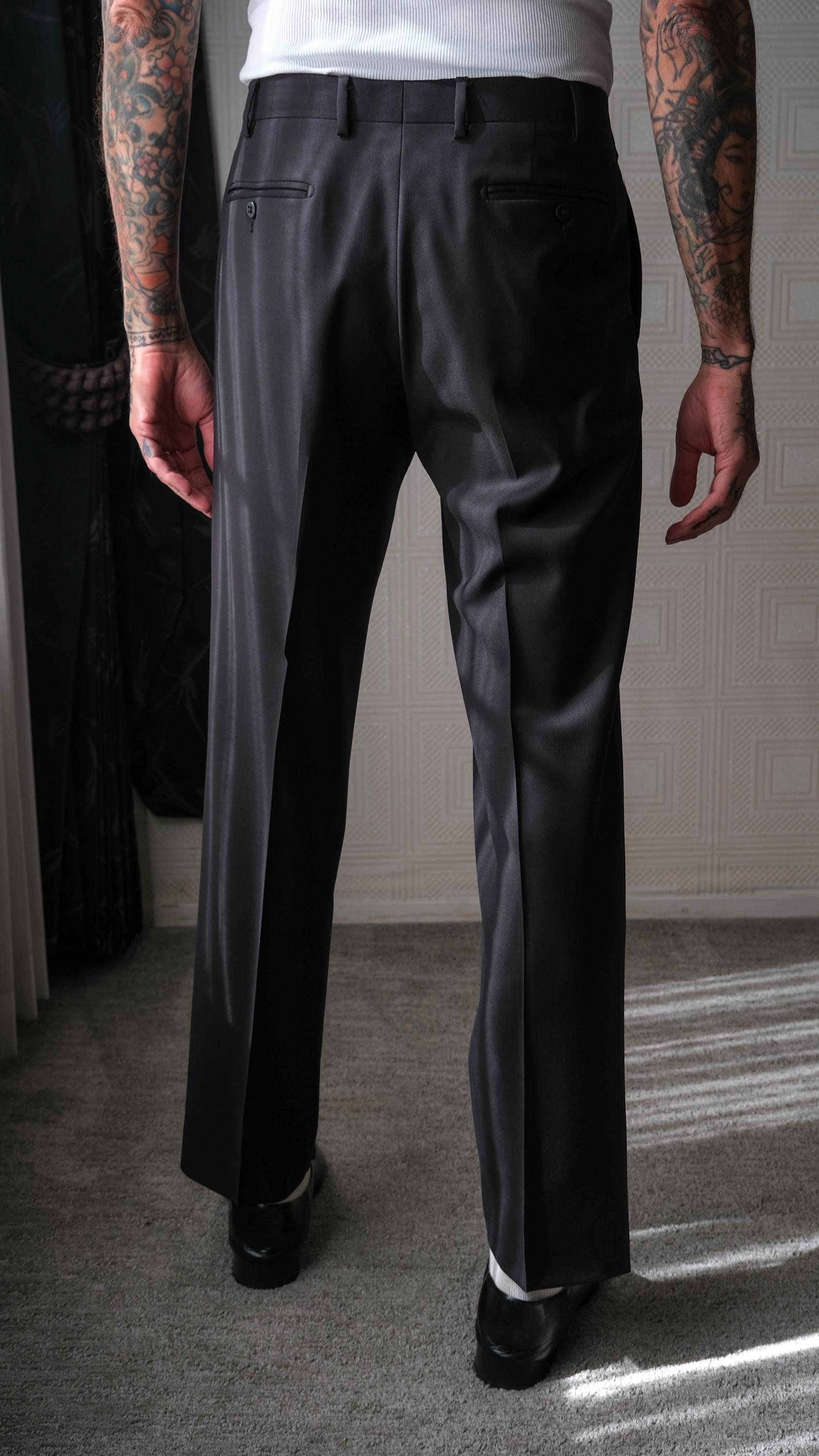 50s vintage wool gabardine wide slacks 黒 Vintage 90s ZANELLA Black Wool Gabardine Mod Flat Front Slacks