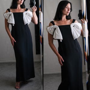 Vintage 80s JERI New York Black Maxi Gown w/ Exaggerated White Bow Off Shoulder Sleeves | Made in USA | 1980s Designer Formal Party Dress