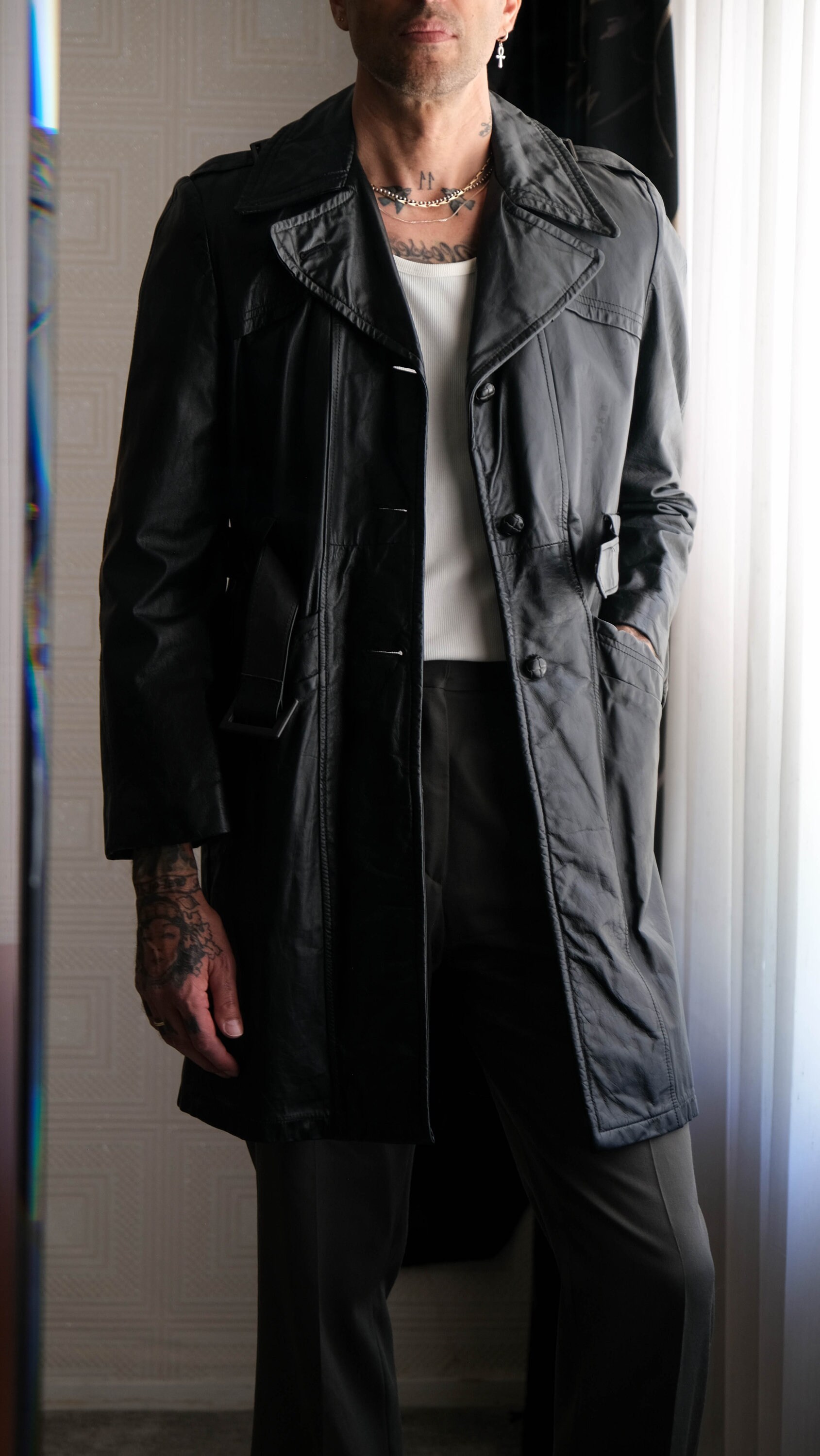 Vintage 70s Black Leather Belted Notch Lapel Trench Coat
