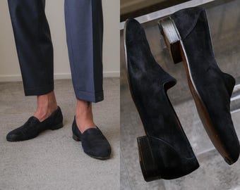 Vintage 90s VIGEVANO Navy Blue Suede Leather Minimalist Slip On Loafers | Made in Italy | Size 13 D | 1990s Italian Designer Mens Shoes
