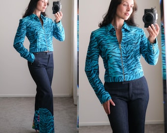 Vintage 90s VERSACE Jeans Electric Blue Zebra Cropped Jacket & Denim Pant Set | Made in Italy | 1990s VERSACE Designer Animal Print Set