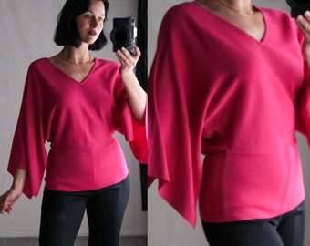 Vintage Diane Von Furstenberg Silk Assets Hot Pink Textured Silk Split Dolman Sleeve Blouse | 100% Silk | Y2K DVF Designer Barbie Pink Top