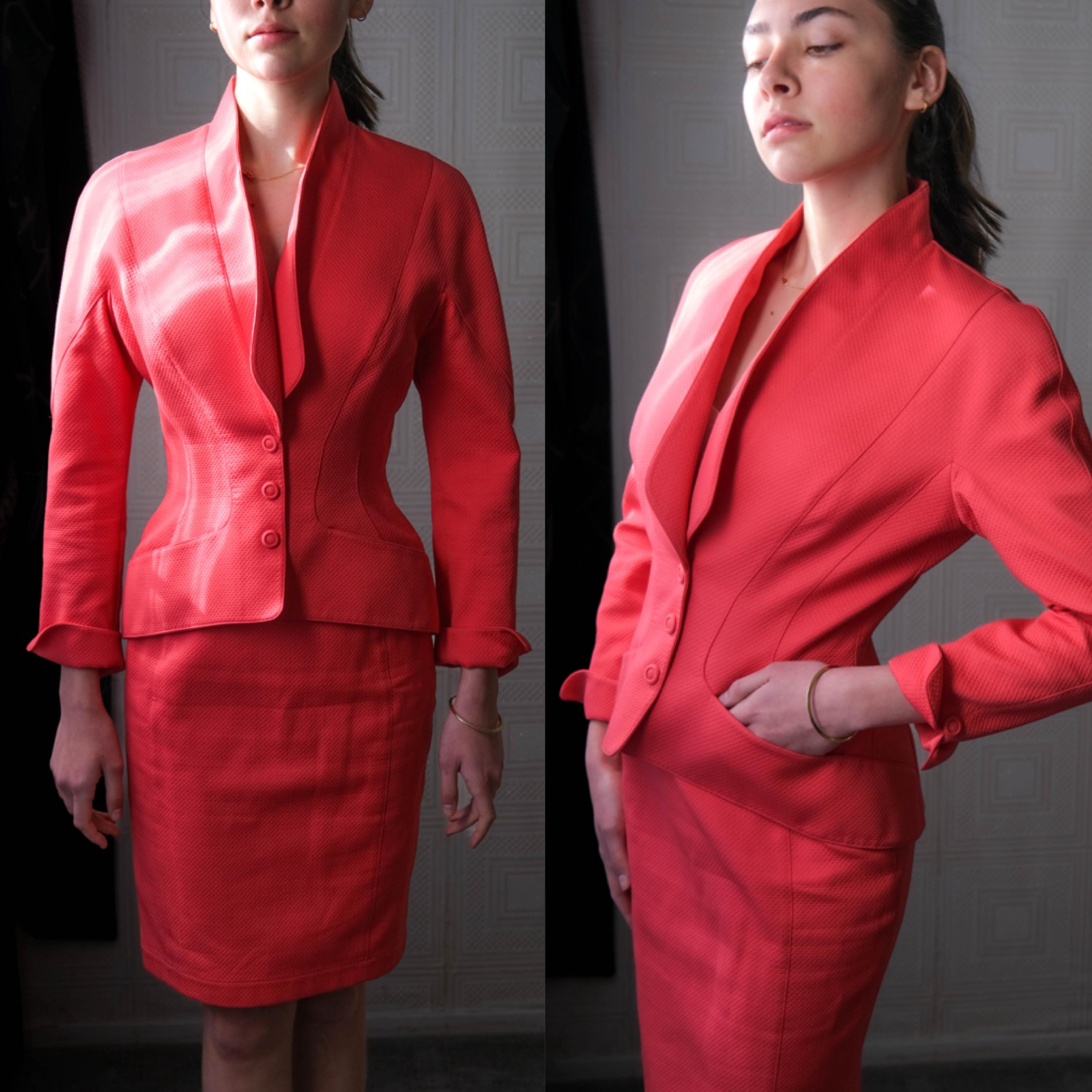 Vintage 80s THIERRY MUGLER Coral Pink Puckered Peplum Jacket