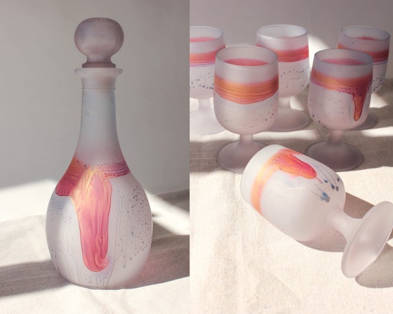 Vintage 80s Nouveau Pastel Satin Hand Painted Decanter Glass Set | Set of 7 | Art Deco, Bohemian, Wine, Wet Bar | 1980s Frosted Glass Set