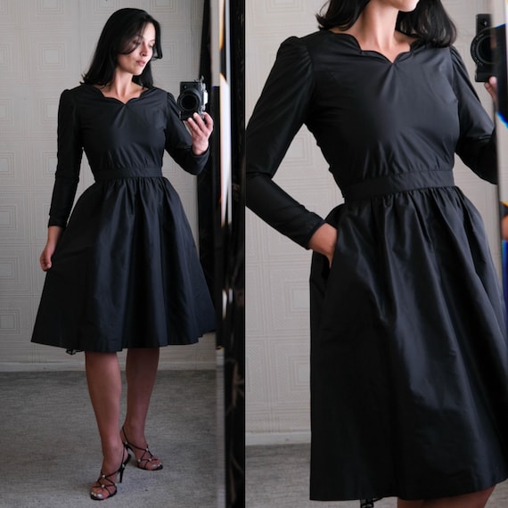 Oscar de la Renta, Vintage 80s Oscar De La Renta Black New Look Silhouette Silk Dress w/ Scalloped Neckline & Full Skirt | Made in USA | 1980s Designer Gown