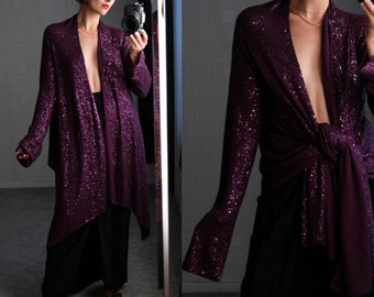 Vintage DONNA KARAN Black Label Purple Sequined Cashmere & Silk Blend Long Draped Open Cardigan | Cashmere/Silk | Y2K DKNY Designer Sweater