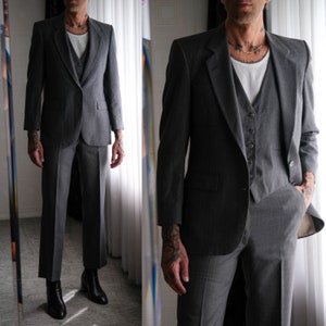 Vintage 70s Pierre Cardin Light Gray Shadow Stripe Wool Gabardine Three Piece Flare Leg Suit | Made in USA | 1970s Designer Tailored Suit