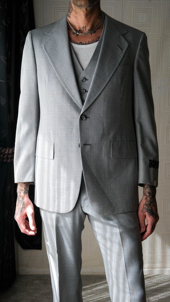 Vintage 70s CHRISTIAN DIOR Baby Blue Check Three Piece Wide Lapel