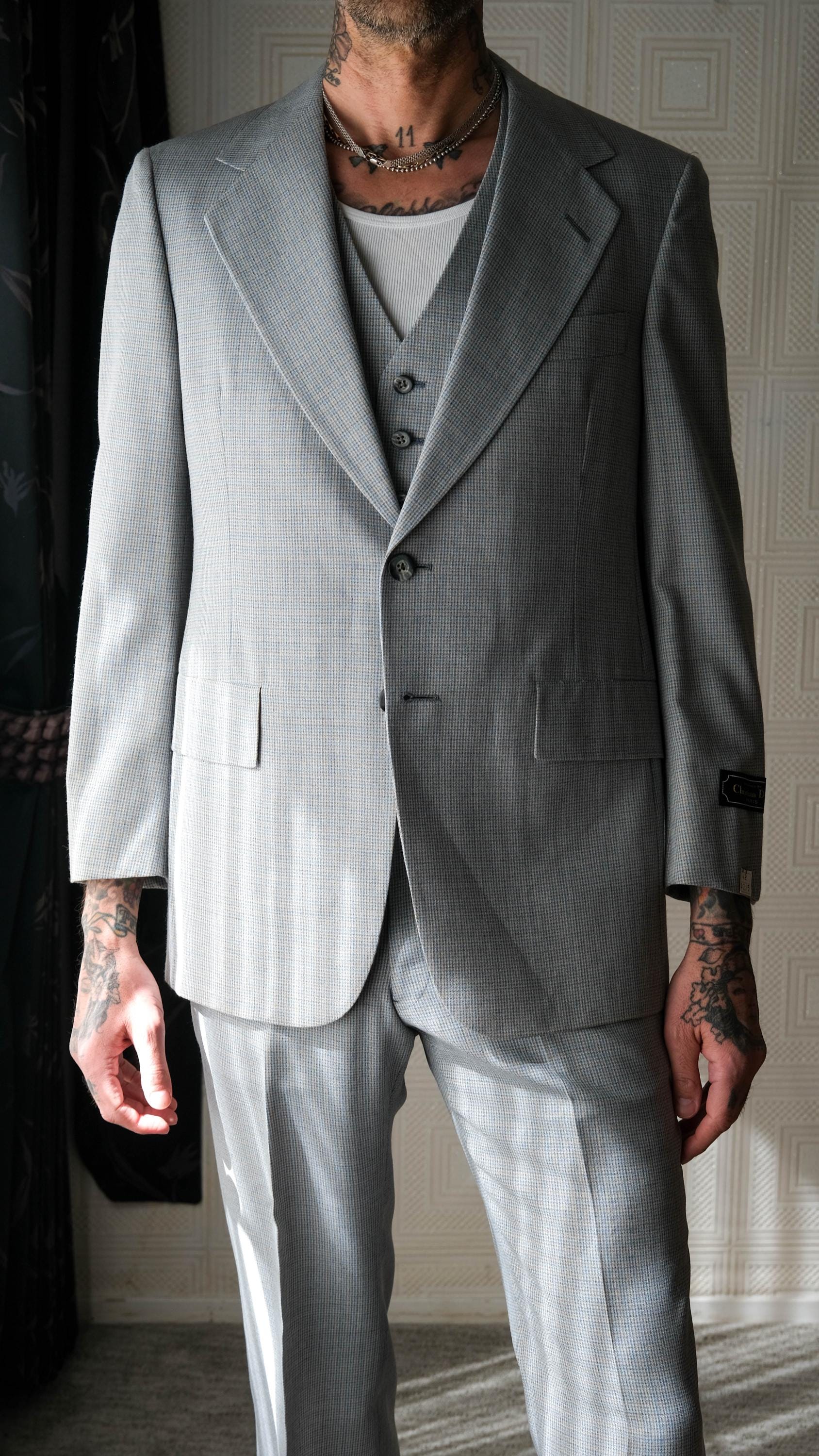 Vintage 70s CHRISTIAN DIOR Baby Blue Check Three Piece Wide Lapel