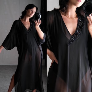 Vintage 90s GOTTEX Black Sheer Kaftan Swimsuit Coverup w/ Soutache & Black Jeweled Neckline | Made in Turkey | 1990s Designer Swimwear Dress