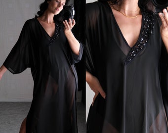 Vintage 90s GOTTEX Black Sheer Kaftan Swimsuit Coverup w/ Soutache & Black Jeweled Neckline | Made in Turkey | 1990s Designer Swimwear Dress