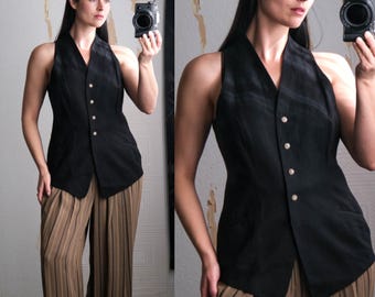 Gilet lungo nero con bottoni sul davanti, in misto seta e rayon, vintage Y2K ANN TAYLOR / Prodotto negli USA / Gilet da abito firmato Y2K anni '90-2000