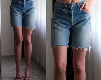 Vintage 80s LEVIS 501 Whiskered Medium Wash High Waisted Cut Off Shorts | Made in USA | Size 26 | 1980s LEVIS Designer Unisex Denim Shorts