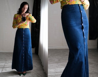 Vintage 70s Pleasure Dome Los Angeles Bohemian Denim High Waisted Anchor Button Maxi Skirt | Made in USA | 1970s Boho, Western, Hippie Skirt