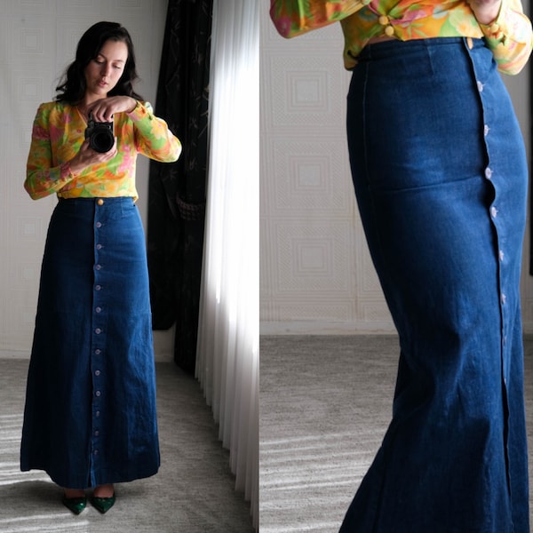 Vintage 70er Jahre Pleasure Dome Los Angeles Boho Denim High Waisted Anchor Button Maxi Rock | Made in USA | 70er Boho, Western, Hippie Rock