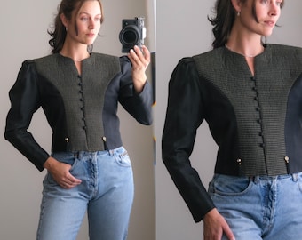 Vintage 70s TED LAPIDUS PARIS Black Linen Avant Garde Cropped Poof Shoulder Jacket | Made in France | Haute Couture | 1970s Designer Bolero