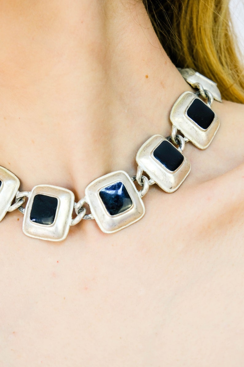 Vintage 80s Anne Klein Signed Silver & Black Enamel Choker Necklace Statement Piece, Chunky Layering Necklace 1980s Designer Jewelry image 6