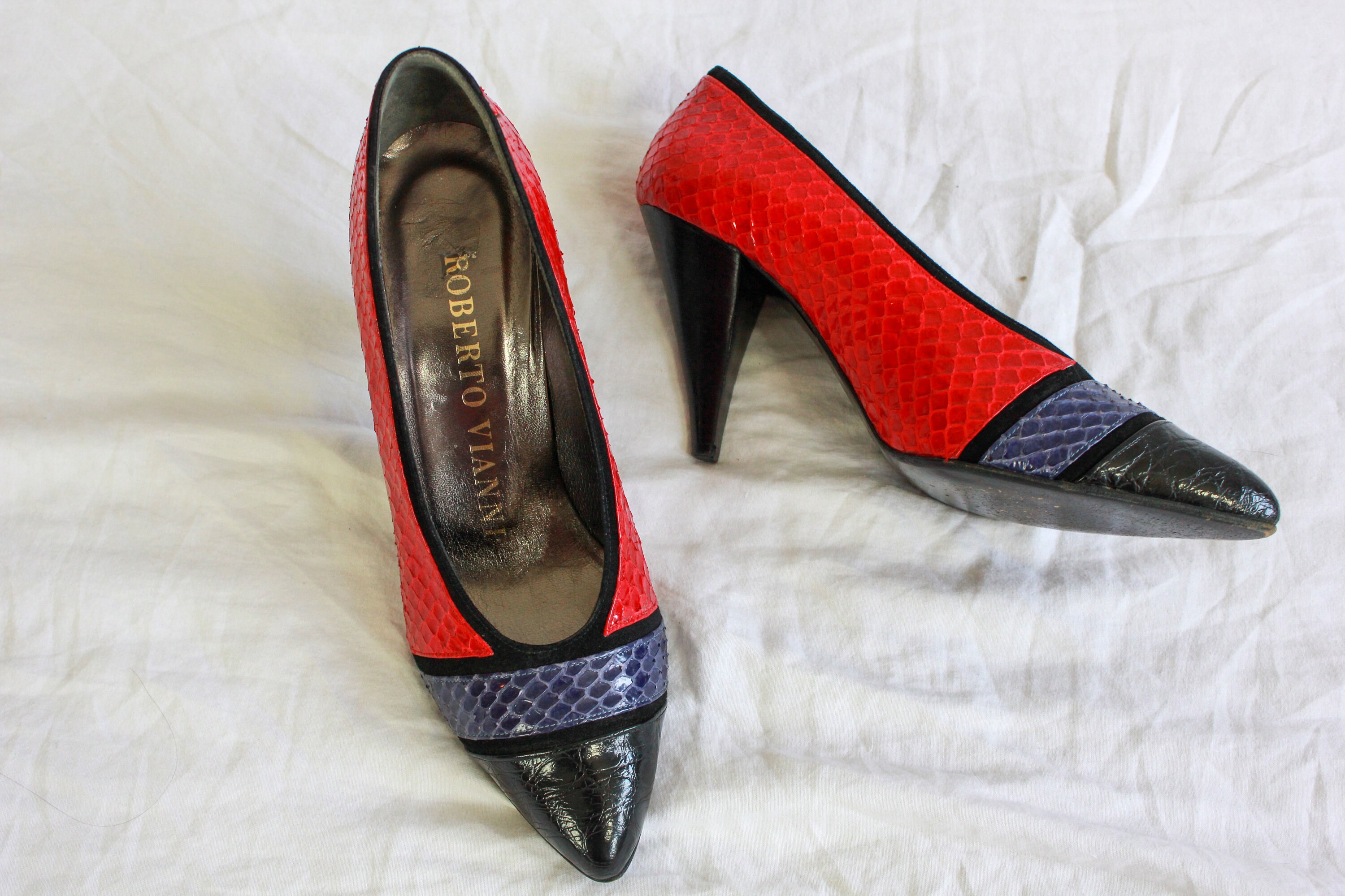 snakeskin block heels
