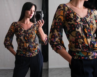 Vintage Diane Von Furstenberg Sheer Floral Silk Ruffle Front Blouse w/ Billowy Pleated Sleeves | 100% Silk | 1990s Y2K DVF Designer Silk Top