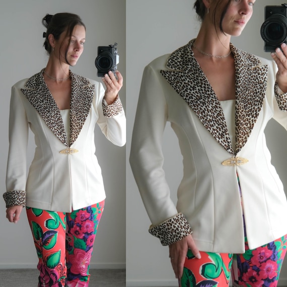 Vintage 80s CACHE Ivory Leopard Rhinestone Trimmed Peak Lapel Unstructured Blazer w/ Gold Art Deco Clasp | 1980s 1990s Designer Jacket
