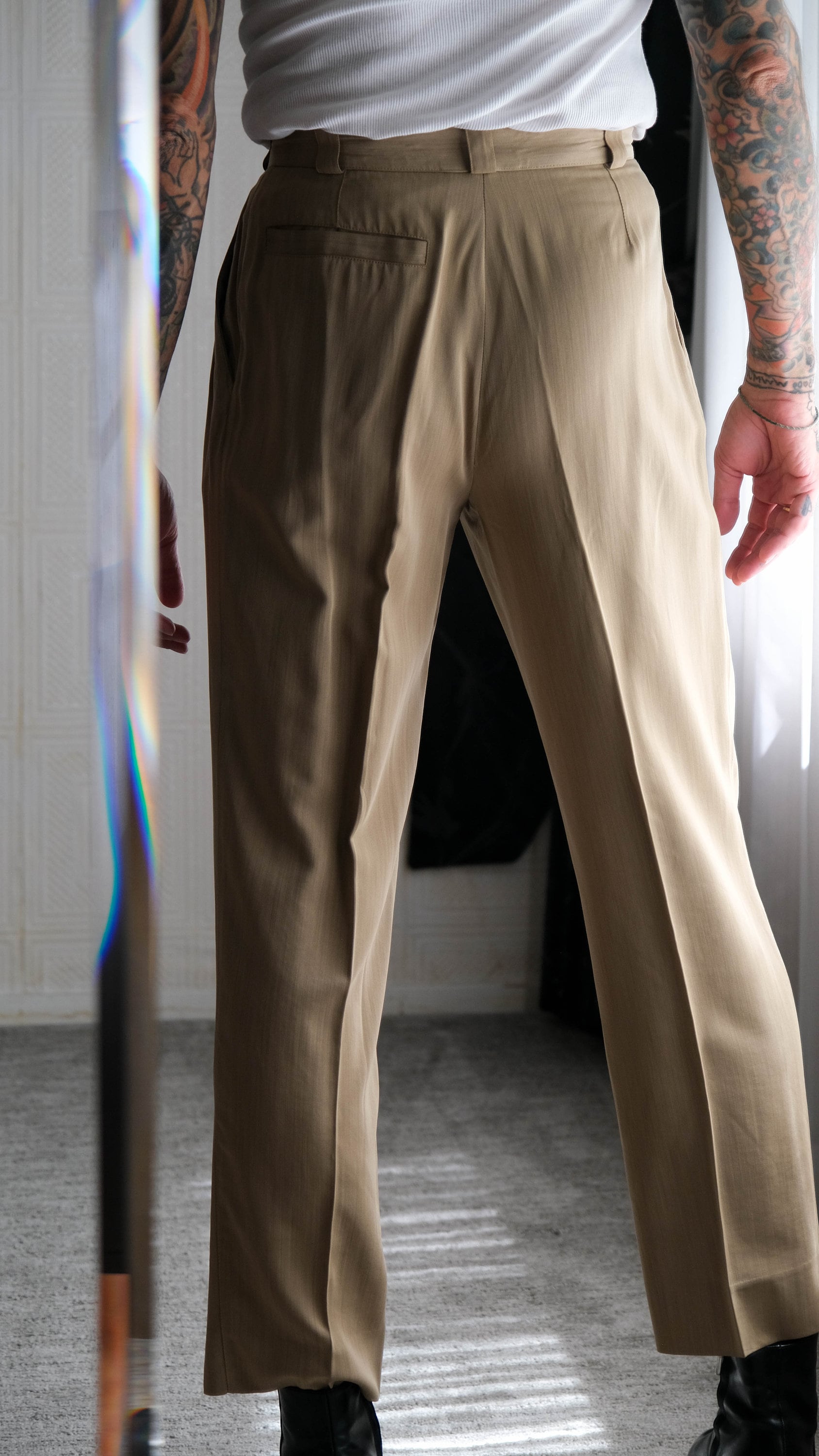 Vintage 90s Gianni Versace Light Olive Gabardine Triple Pleated