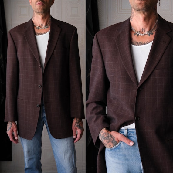 Hugo Boss, Vintage 90s HUGO BOSS for Saks Fifth Avenue Einstein Burnt Umber Windowpane Three Button Blazer | Made in USA | 1990s Designer Mens Jacket