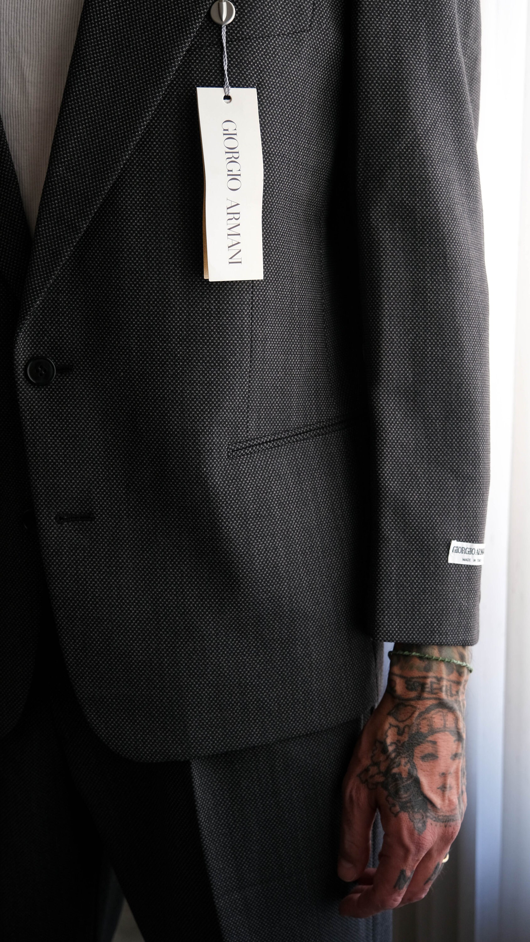 Vintage 80s Giorgio Armani Charcoal & Gray Nailhead Wool Gabardine