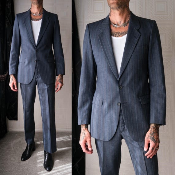 Vintage 80s Yves Saint Laurent Navy Blue Shadow Multi Stripe Wool Vintage 80s Yves Saint Laurent Navy Blue Shadow Multi Stripe Wool