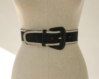 Vintage 80s Cintura in pelle scamosciata nera con finiture intrecciate avorio / Western, Prairie, Boho, Boho / 100% Vera Pelle / 1980s Designer Waist Belt