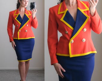 Vintage 80s ALBERT NIPON Deep Orange, Navy, & Yellow Wool Colorblock Double Breasted Power Skirt Suit | 100% Wool | 1980s Designer Set