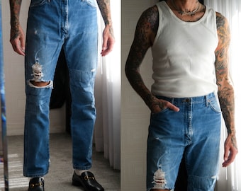 Vintage 80s WRANGLER Medium Indigo Destroyed & Patched Whiskered