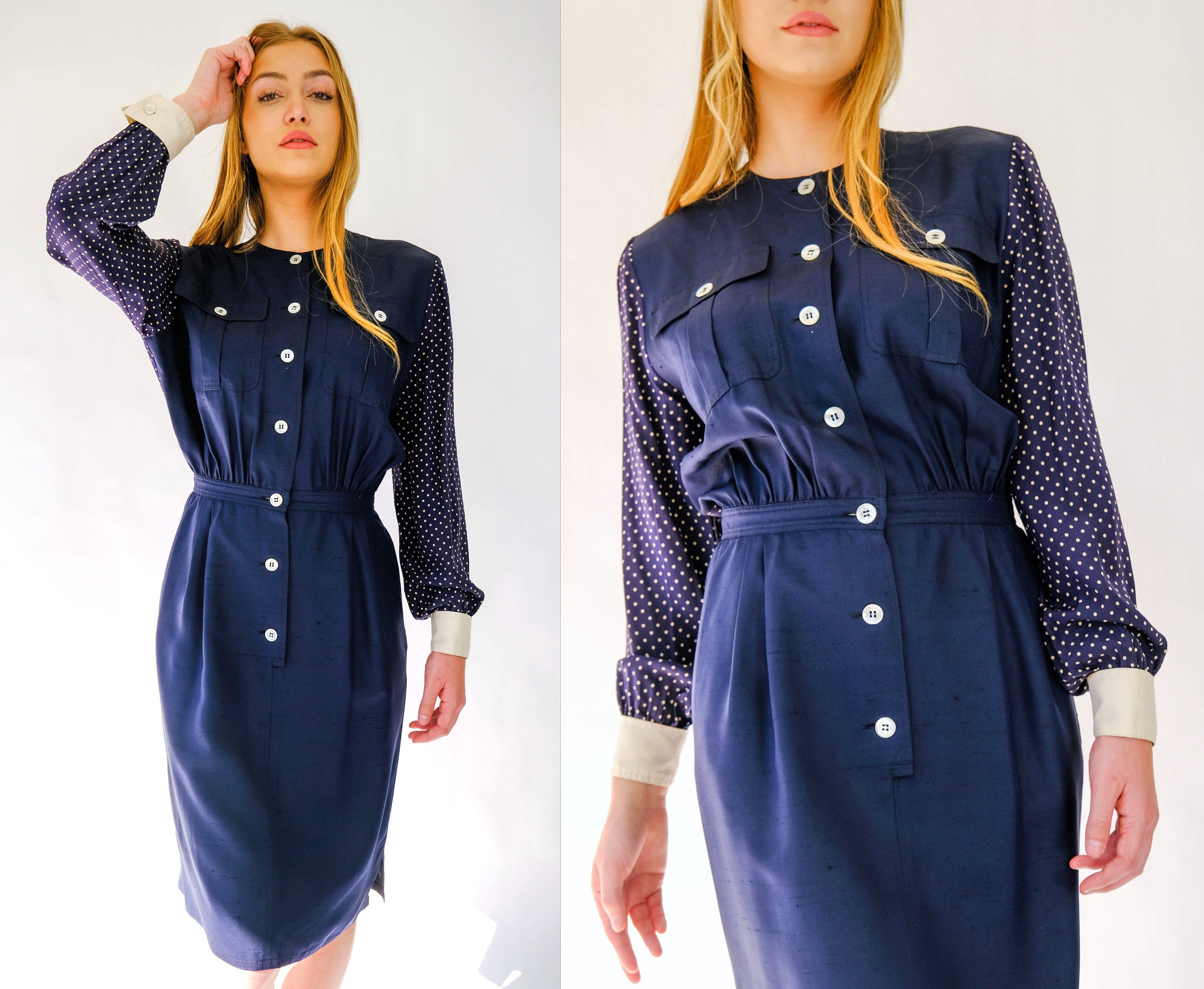 Vintage 70s 80s Valentino Navy Blue Textured Silk Day Dress W/ -  Israel