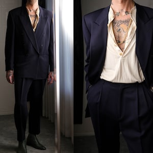 Vintage 80s Giorgio Armani Navy Wool Gabardine Double Breasted Vintage 80s Giorgio Armani Navy Wool Gabardine Double Breasted
