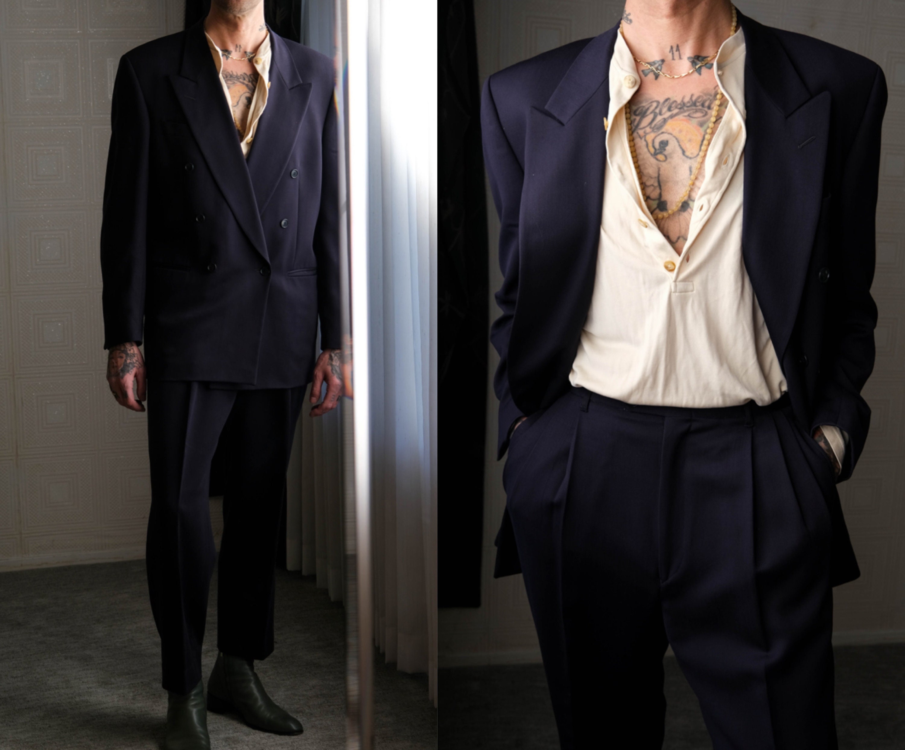 Vintage 80s Giorgio Armani Navy Wool Gabardine Double Breasted