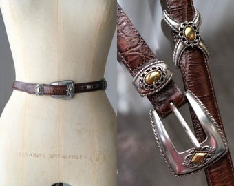Vintage 90s BRIGHTON Brown Reptile Leather Skinny Belt w/ Silver & Gold Concho Slide Accents | 24"- 28" | Made in USA | 1990s Western Belt