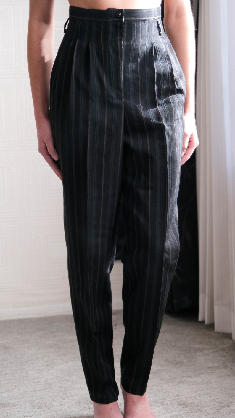 Vintage 80s MATSUDA Black & Dark Green Textured Stripe Gabardine High Waisted Tapered Pants Made in Japan 1980s Japanese Designer Pants image 3