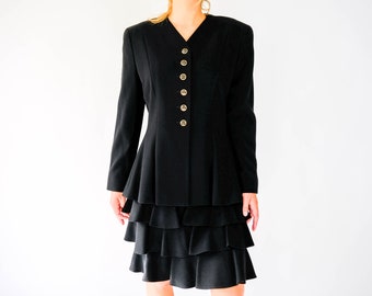 Vintage 90s ESCADA Black Wool Gabardine Power Skirt Suit w/ Gold & Black Buttons | Made in Germany | 1990s ESCADA Designer Ruffled Skirt Set