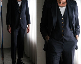 Vintage 70s Yves Saint Laurent Navy Gabardine Three Piece Flare Leg Suit w/ YSL Logo Buttons | Made in France | 1970s YSL Designer Mens Suit