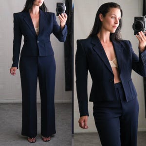 Vintage 90s Richard Tyler Couture Deep Navy Notched Lapel Blazer & Relaxed Pant Suit Set | Made in USA | 1990s Designer Womens Power Suit