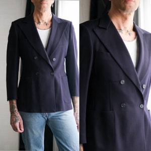 Vintage 70s LANVIN PARIS Navy Blue Heavy Wool Gabardine Wide Lapel Double Breasted Blazer Tailored in USA 1970s French Designer Jacket image 1