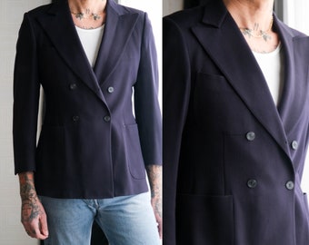 Vintage 70s LANVIN PARIS Navy Blue Heavy Wool Gabardine Wide Lapel Double Breasted Blazer | Tailored in USA | 1970s French Designer Jacket