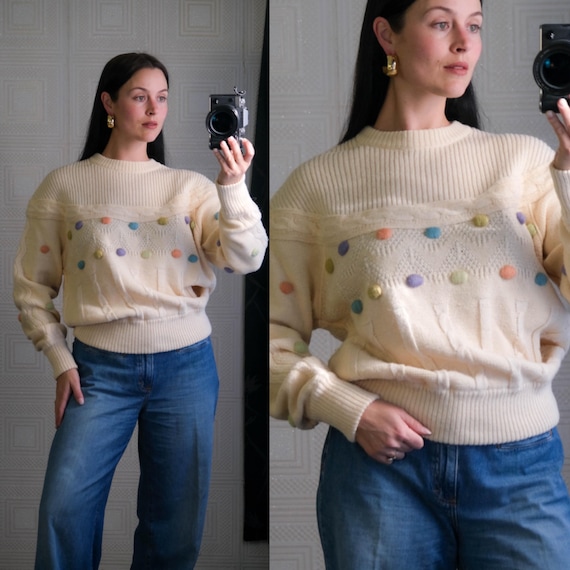 Claude Montana, Vintage 80s CLAUDE MONTANA PARIS Ivory Alpaca & Wool Cable Knit Knit Sweater w/ 3D Polkadot Design | Made in Italy | 1980s Designer Sweater