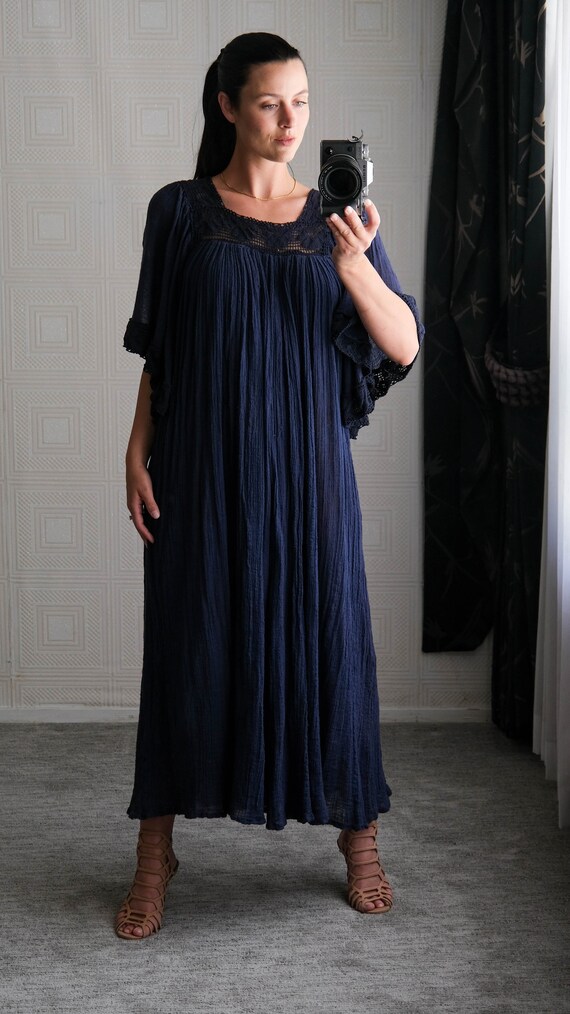 Vintage 70s Navy Blue Gauze Cotton Maxi Fairy Sle… - image 5