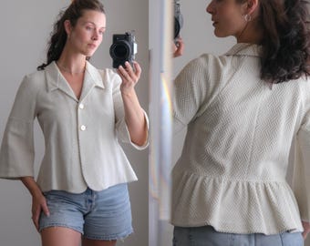 Vintage Y2K GIORGIO ARMANI Collezioni Cream & White Geometric Jacquard Peplum Blazer | Made in Italy | 2000s ARMANI Designer Jacket